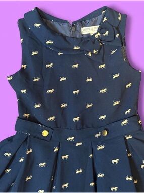 Hope & Henry Navy Fit-and-Flare Dress with Gold Horse Print